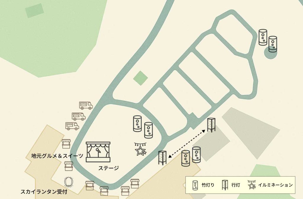 灯と光のつどい2025の会場図｜竹灯り、行灯、ｲﾙﾐﾈｰｼｮﾝの設置場所。ステージやキッチンカー、地元グルメの案内を記載。